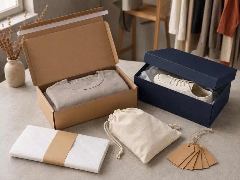Apparel and footwear packaging with garment mailer, shoe box, cotton pouch, tissue wrap and hang tags