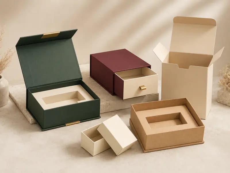 Custom gift packaging collection with magnetic, drawer, folding and two-piece paper boxes