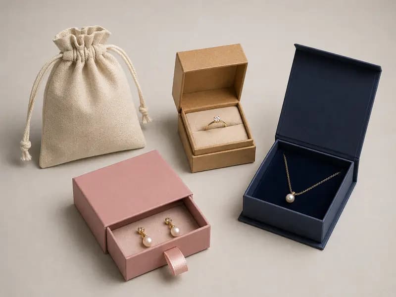 Custom jewelry packaging options including cotton drawstring pouch, kraft ring box, drawer box and hinged rigid box