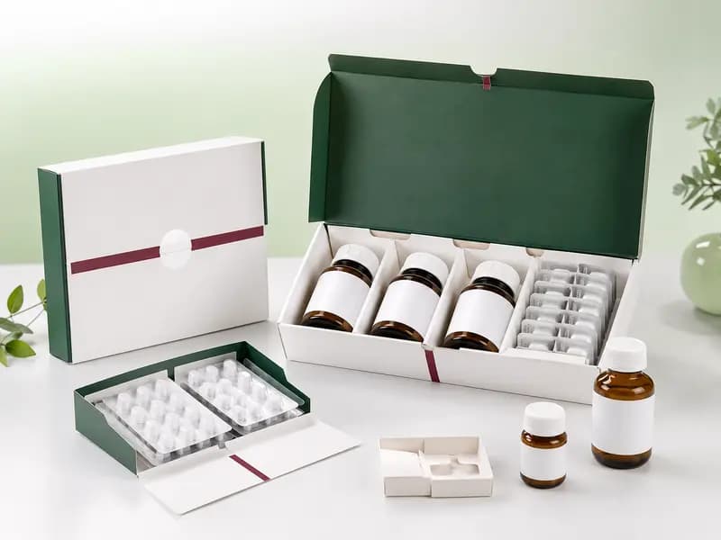 Healthcare packaging with folding cartons, paperboard dividers, bottles and blister packs