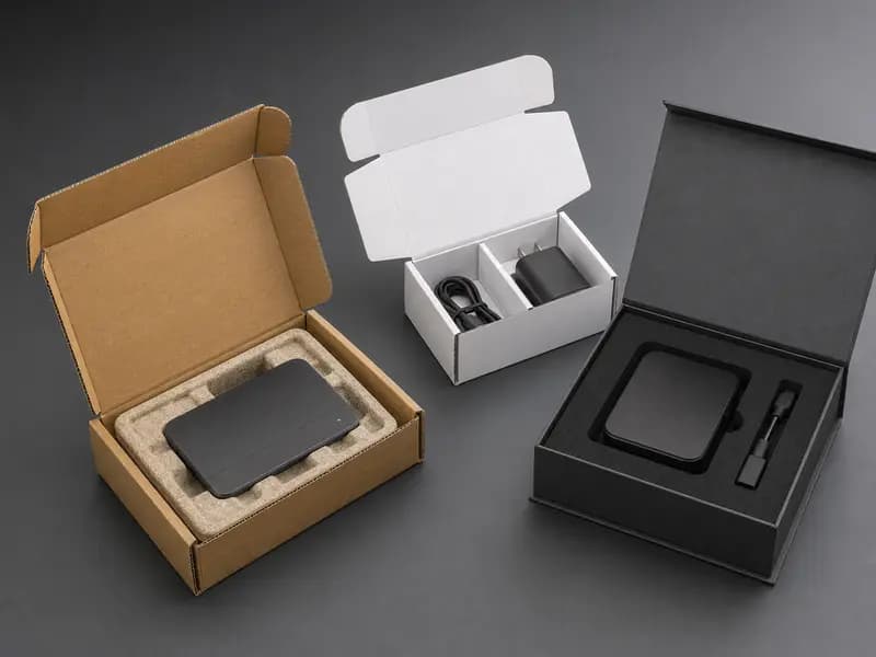 Electronics packaging with corrugated mailer, molded pulp tray, folding carton divider and EVA rigid box