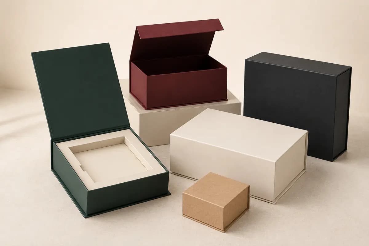 Collection of custom magnetic closure rigid gift boxes in assorted sizes and finishes