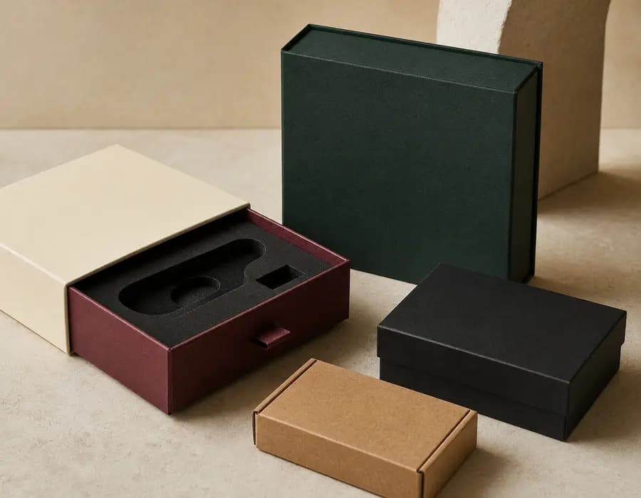 Premium custom rigid boxes in burgundy, forest green and warm ivory finishes
