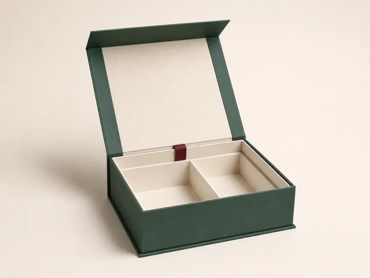 Custom magnetic closure rigid gift box with paperboard divider insert