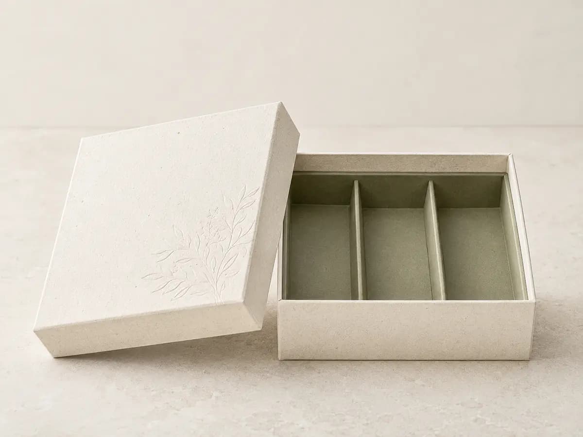 Recycled paper rigid lid and base gift box with paperboard compartments