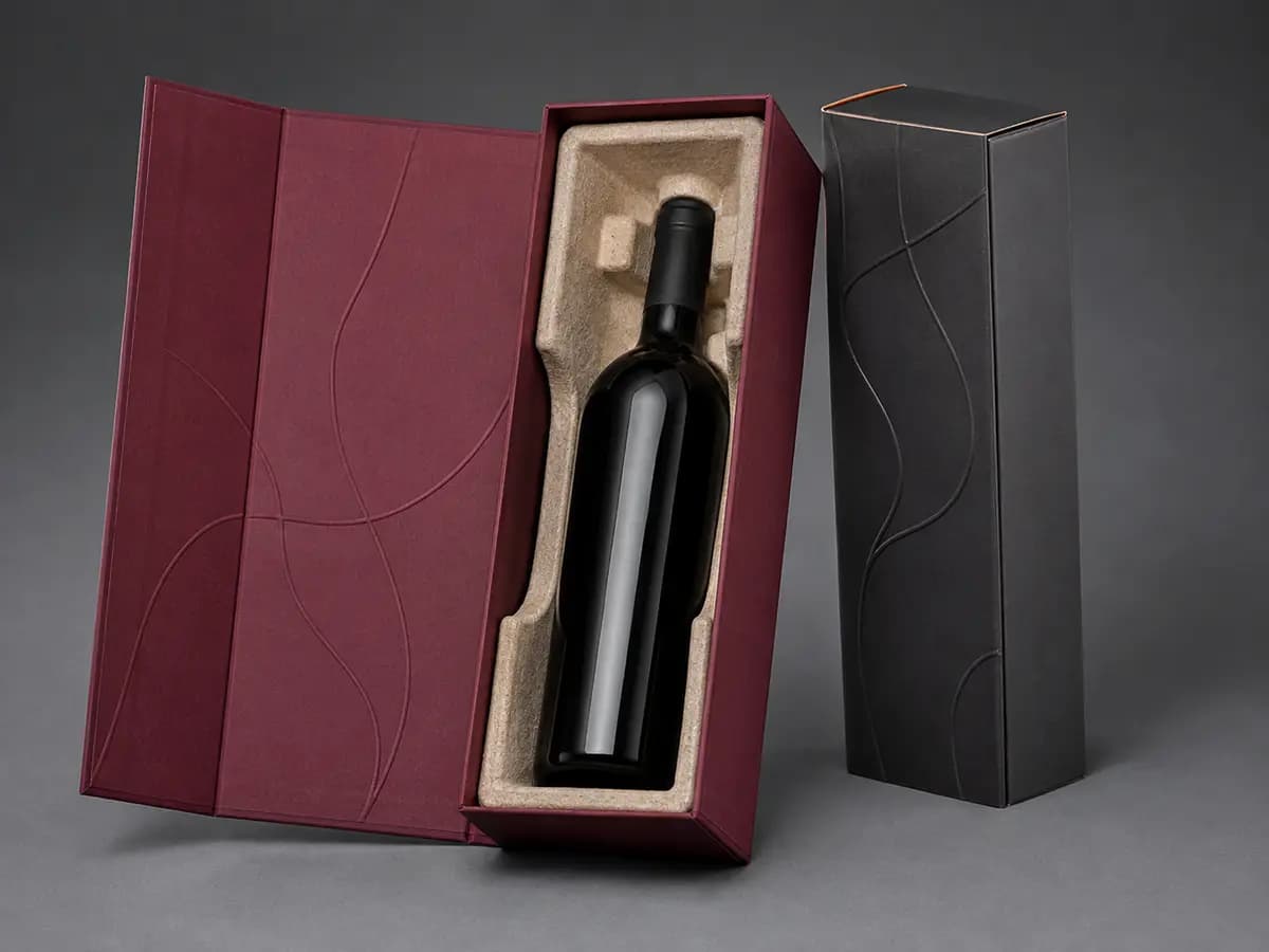 Custom wine bottle rigid gift box with molded pulp cradle and folding carton option