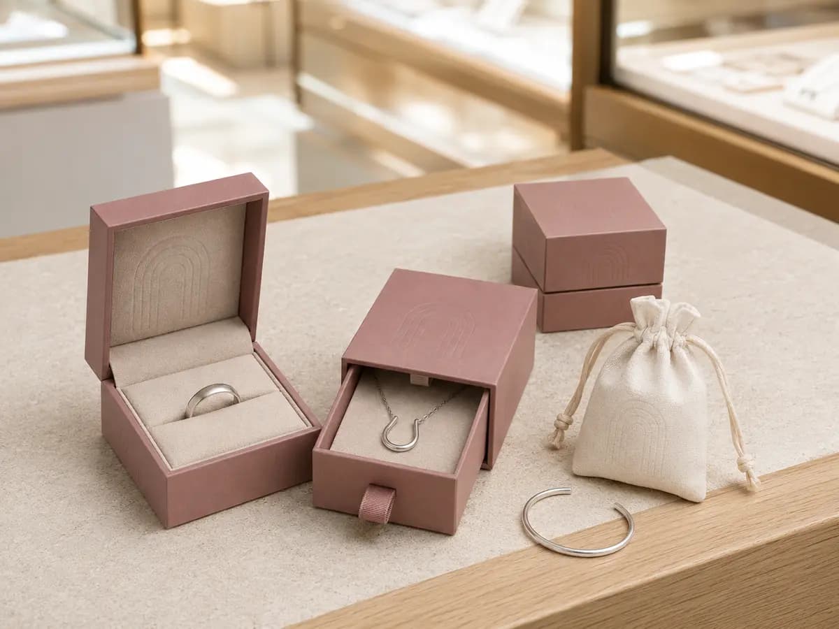 Dusty rose jewelry boxes presenting unbranded rings and necklaces in a boutique setting
