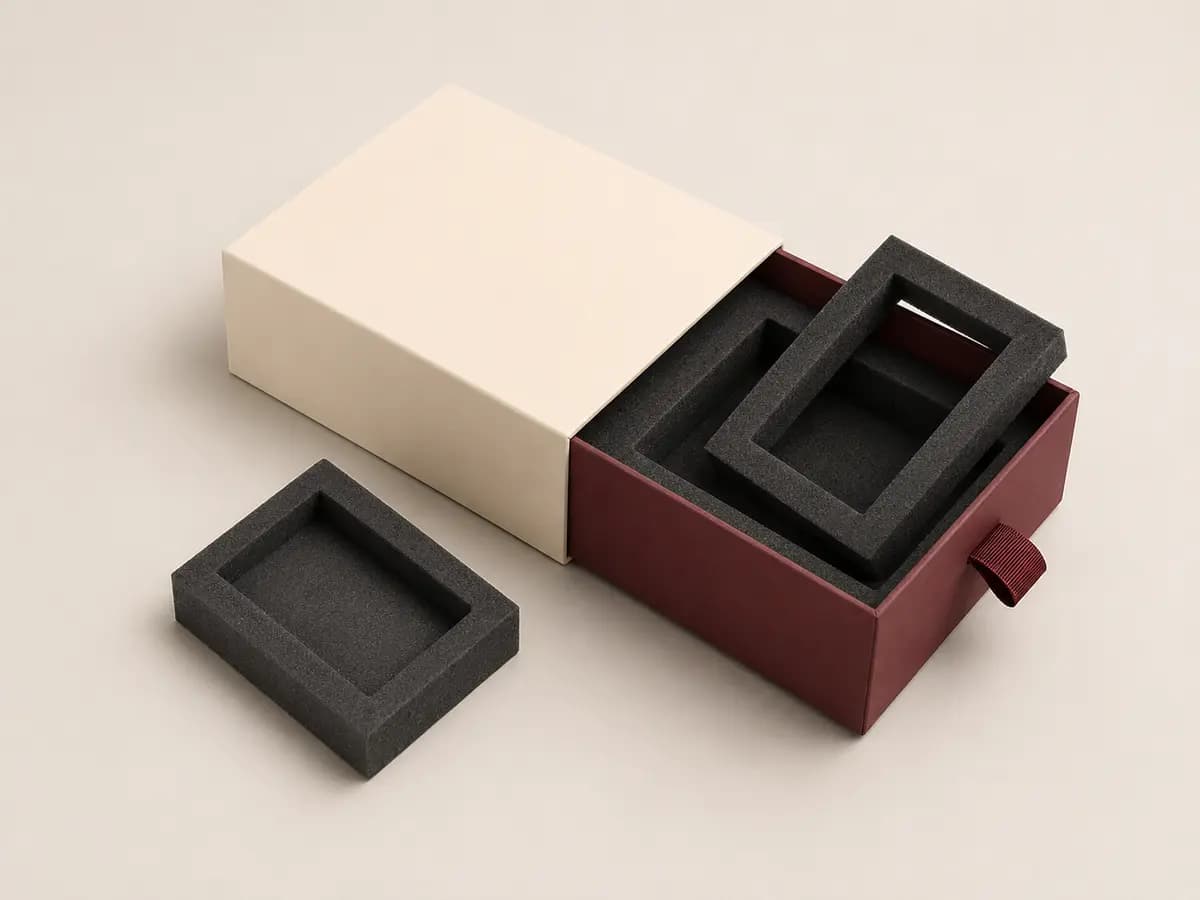 Cream and burgundy drawer gift box with removable charcoal EVA insert