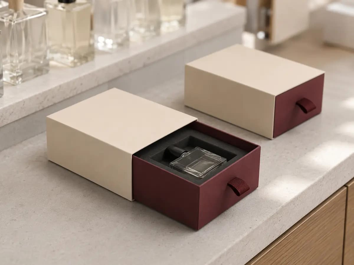Cream and burgundy drawer box used for an unbranded fragrance bottle