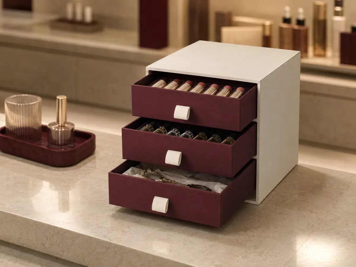 Multi-tier drawer packaging organizing unbranded cosmetics at a retail counter