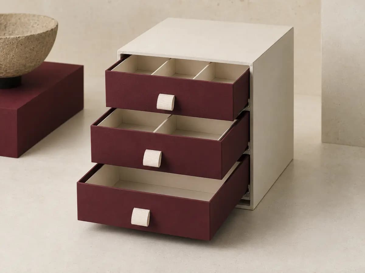 Three open drawers with removable paperboard divider inserts