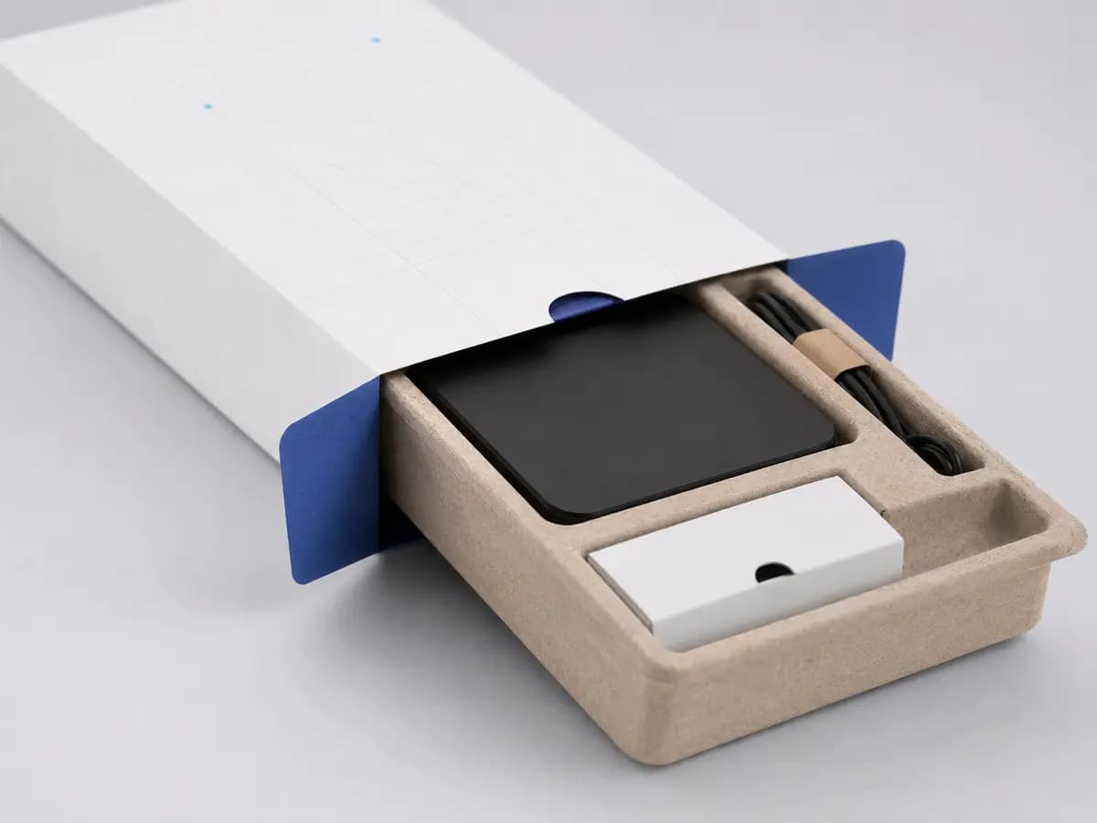 White electronics packaging box showing blue locking flaps and molded pulp tray