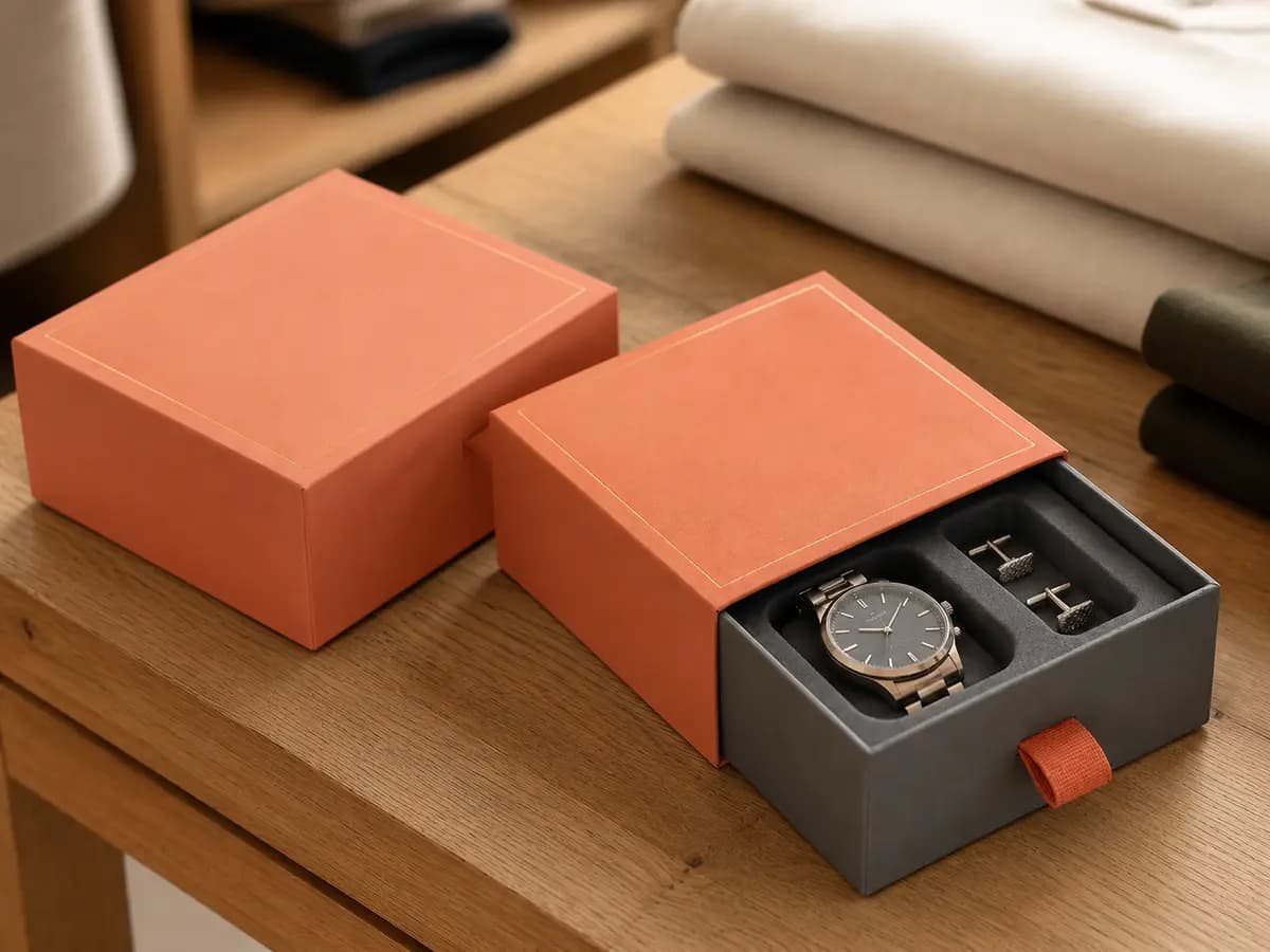 Terracotta rigid drawer boxes presenting an unbranded watch and small accessories