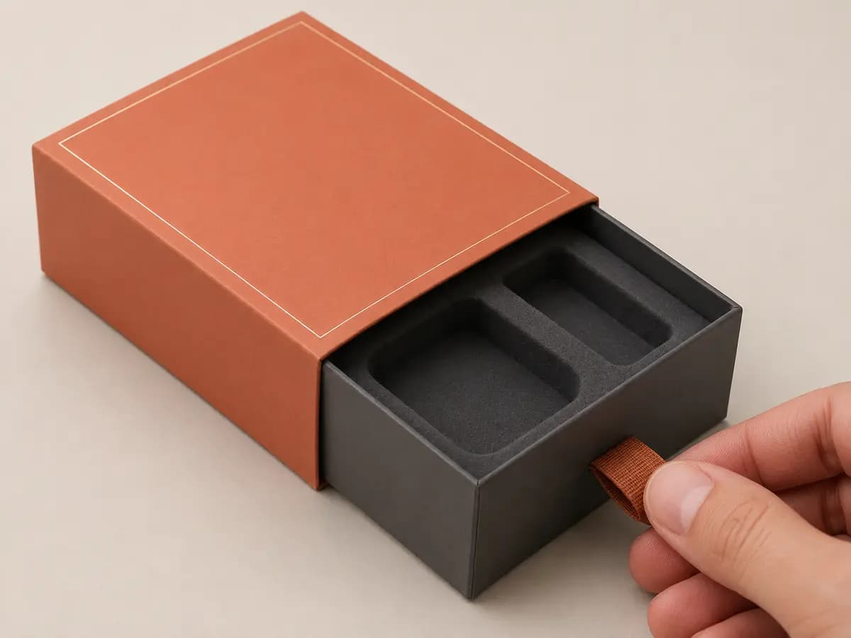 Terracotta and charcoal rigid drawer box with ribbon pull and clean wrapped-paper edges
