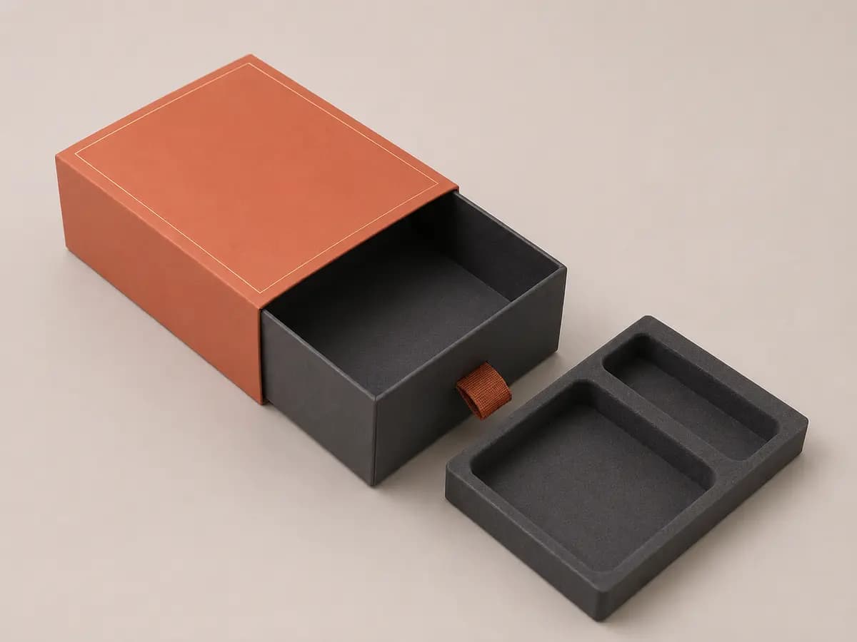 Rigid drawer gift box with removable charcoal microfiber accessory insert