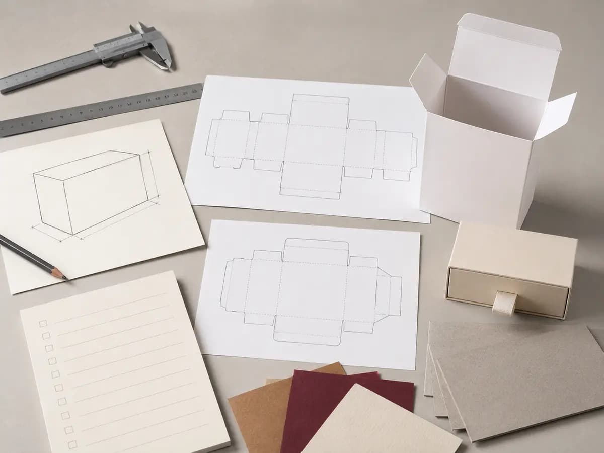 Custom packaging quote process with dieline, material swatches and blank box prototype