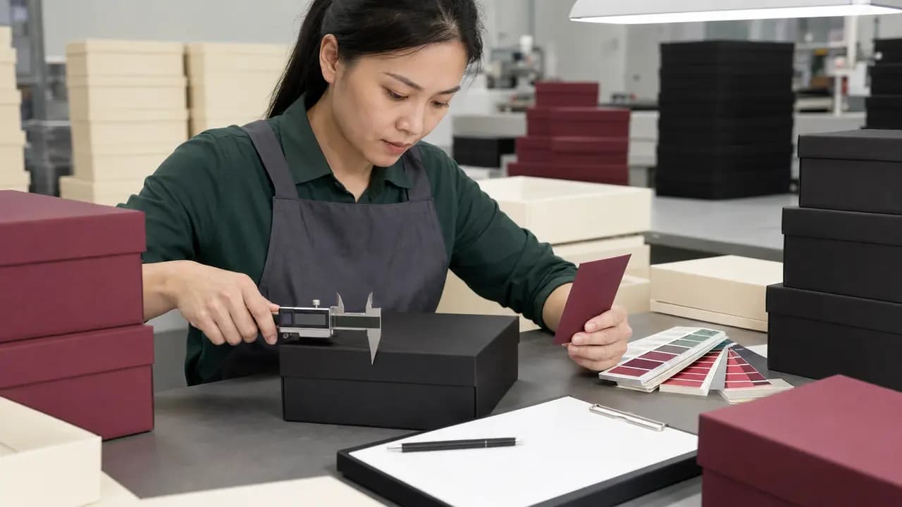 AQL packaging inspection with caliper and blank rigid boxes prepared as a video cover