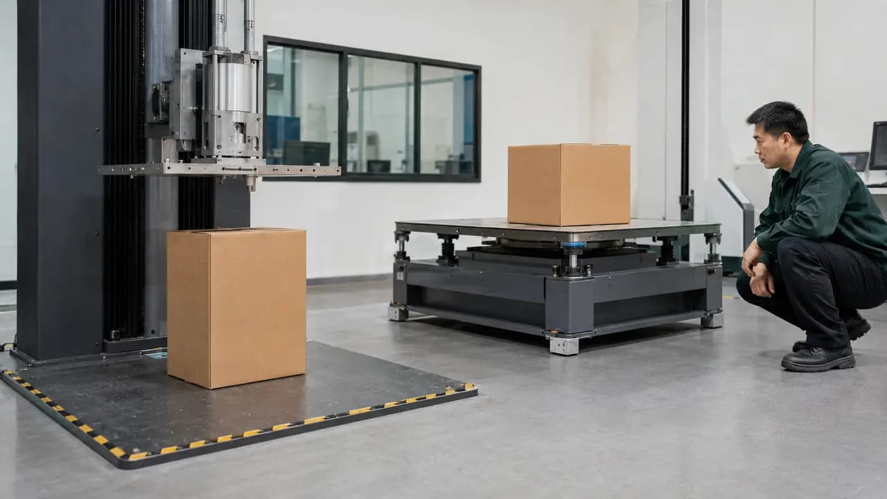 Packaging drop and vibration testing equipment prepared as a test video cover