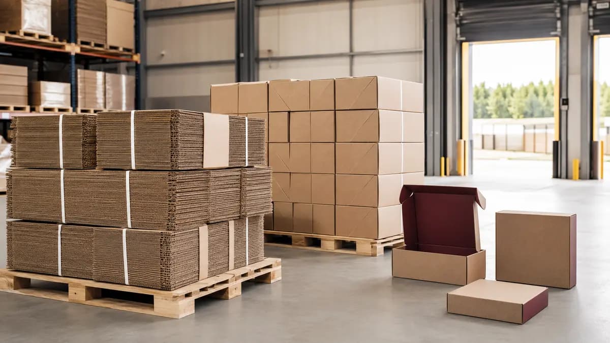 Flat-packed corrugated cartons and compact pallet loads in a packaging warehouse