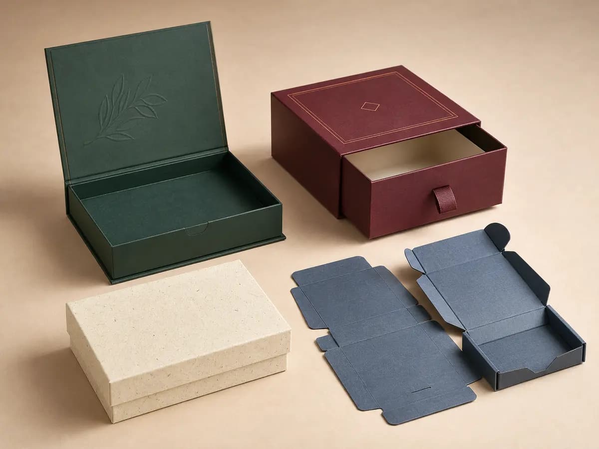 Custom rigid gift box collection including magnetic, drawer, lid and base, and foldable boxes