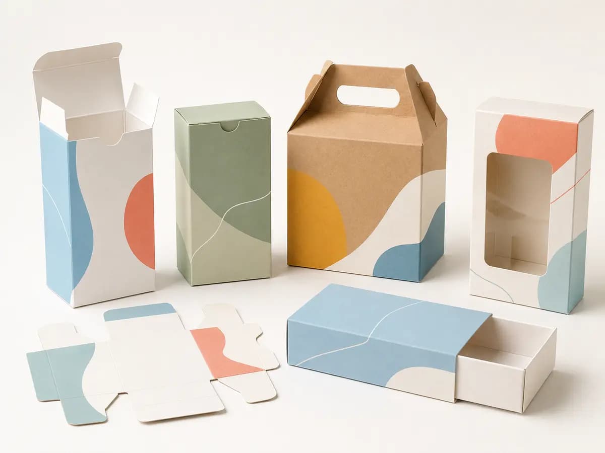 Folding carton collection with tuck end, gable, window, sleeve and auto lock box styles