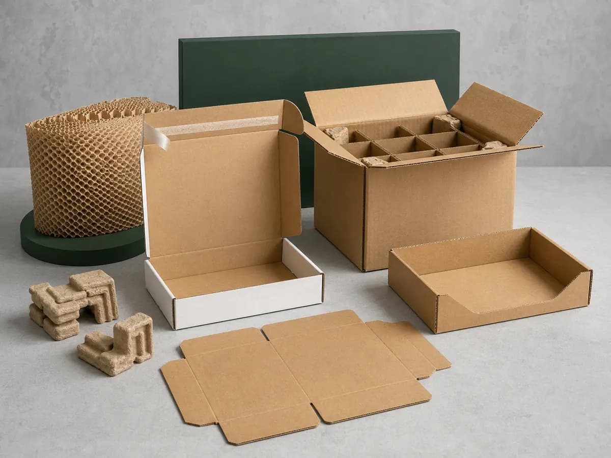 Corrugated packaging collection with mailer boxes, shipping cartons, dividers and paper protection