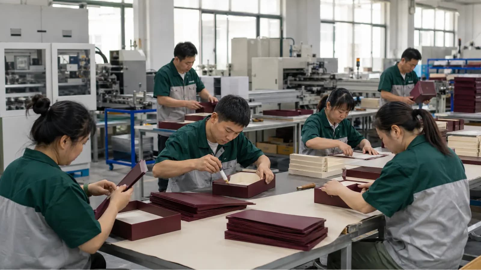 Chinese factory workers assembling custom rigid gift boxes in a clean workshop