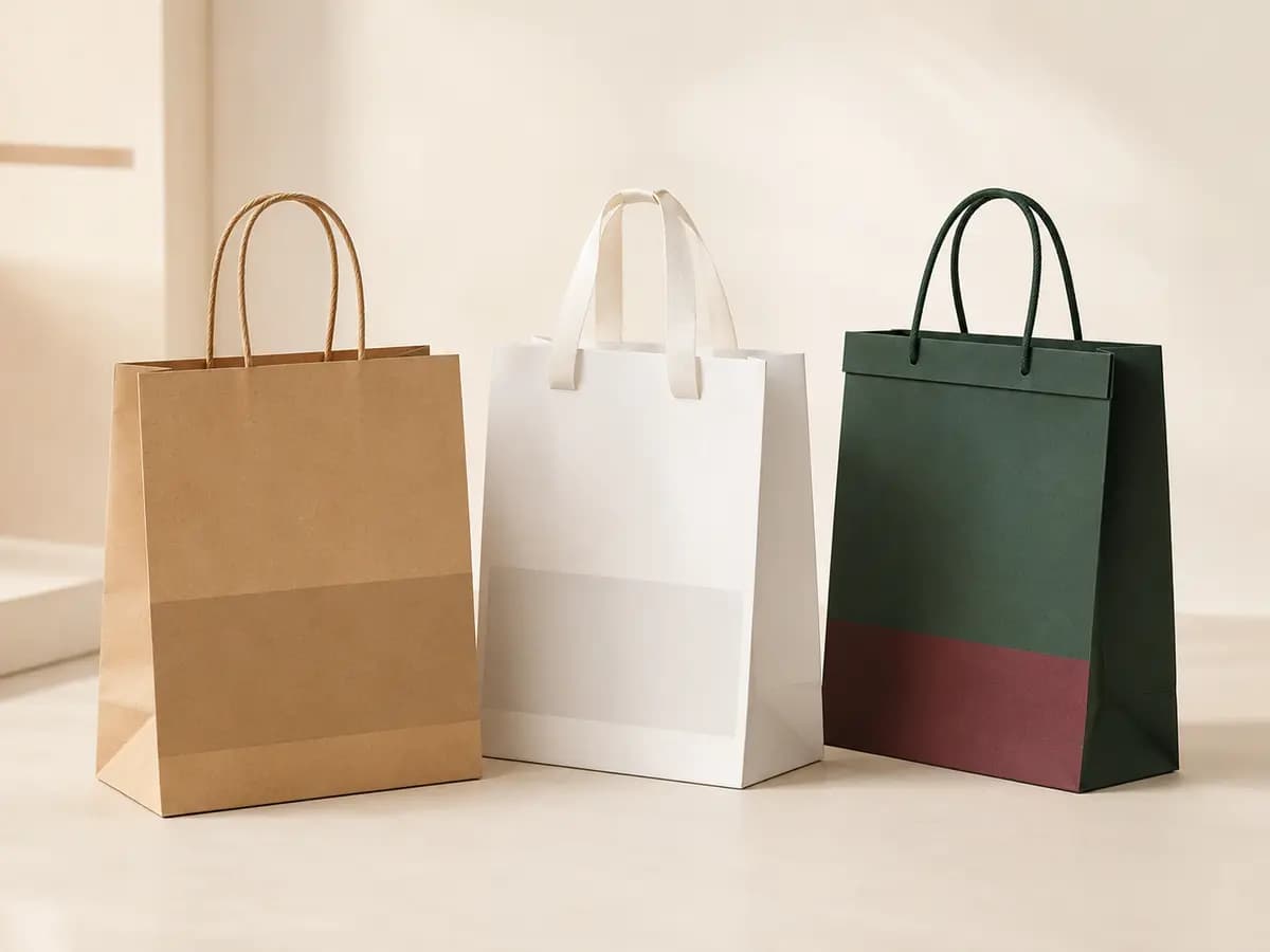Custom paper shopping bags with twisted paper, cotton tape and rope handles