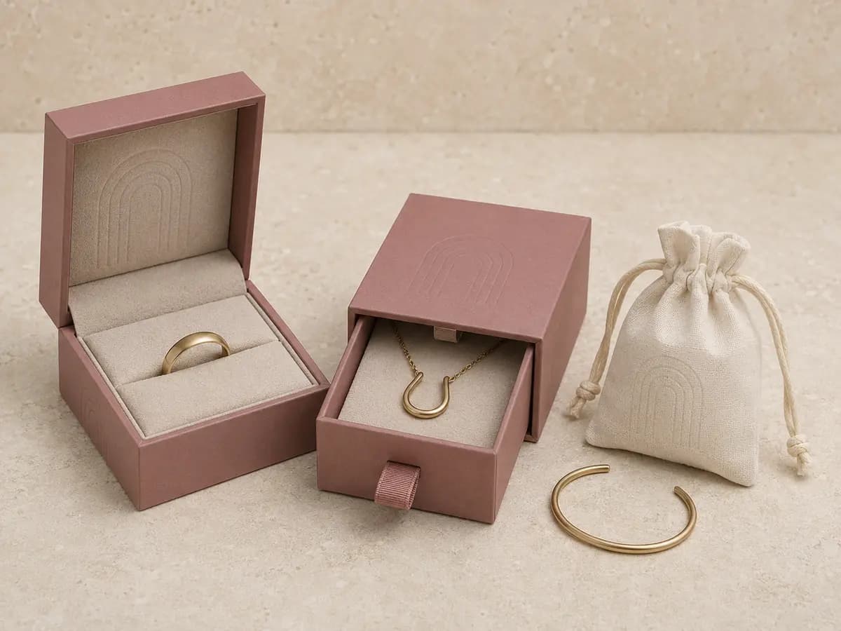 Custom jewelry packaging set with hinged box, drawer box and cotton pouch