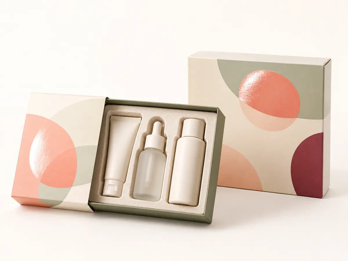 Custom cosmetic gift set packaging with paper sleeve and molded pulp insert