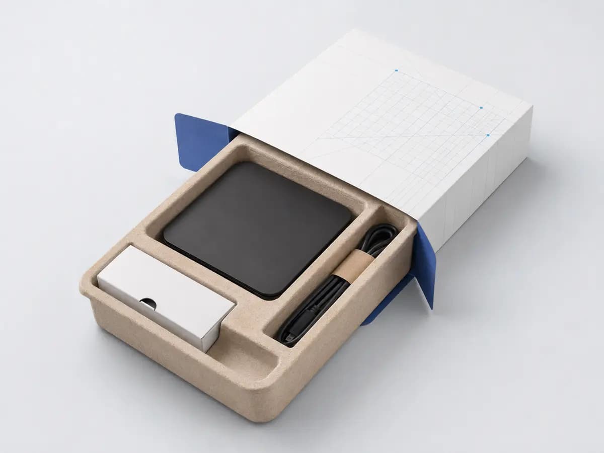Electronics packaging box with molded pulp insert and accessory compartment