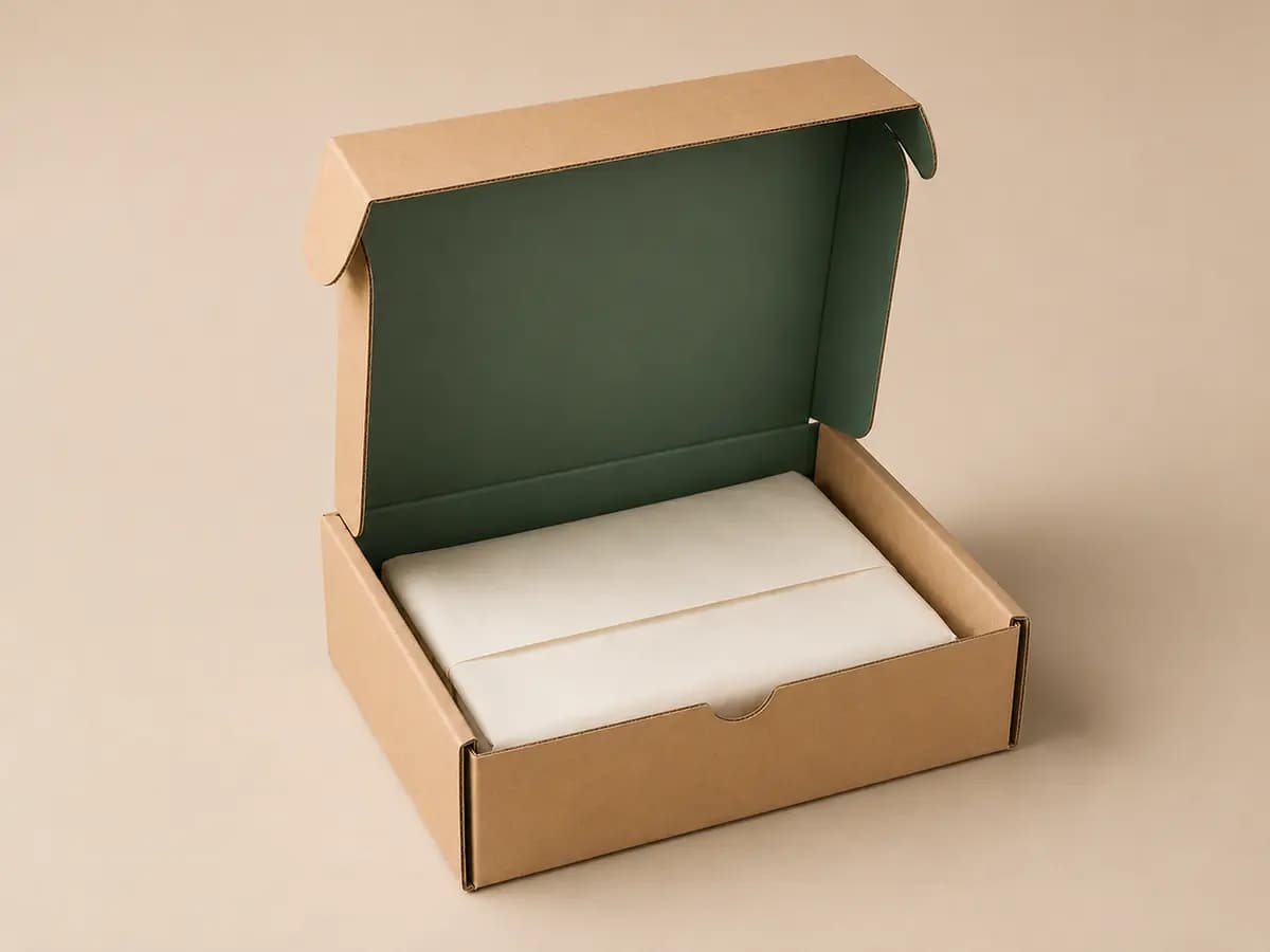 Kraft corrugated mailer box with dark green interior and folded paperboard insert