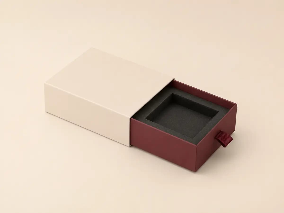 Cream and burgundy rigid drawer gift box with ribbon pull and fitted insert