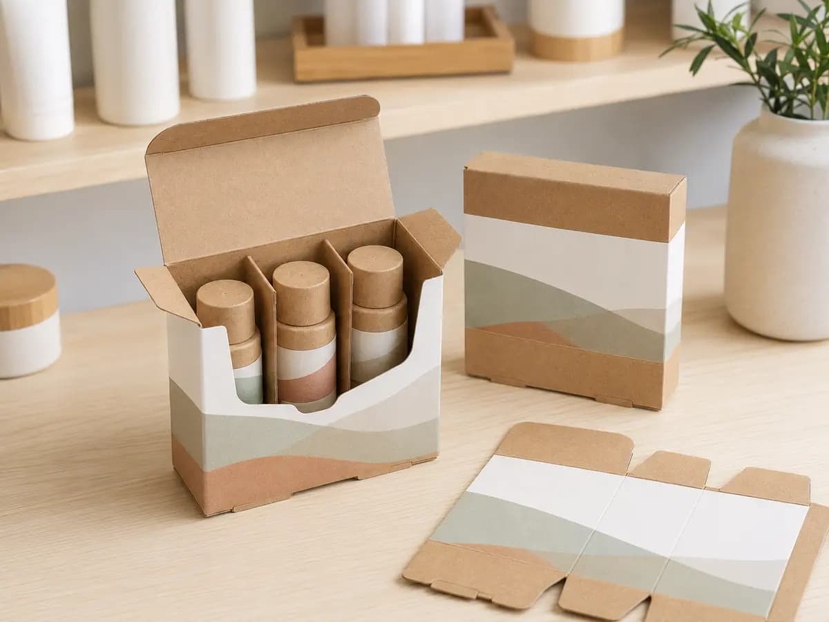 Auto-lock bottom carton presenting unbranded skincare bottles in paper dividers
