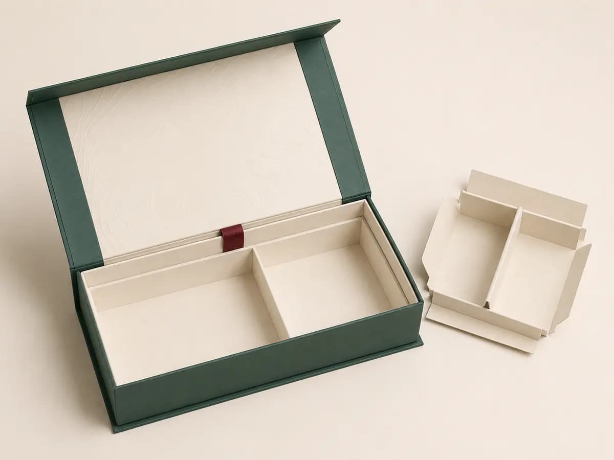 Forest green magnetic rigid gift box with removable cream paperboard divider insert