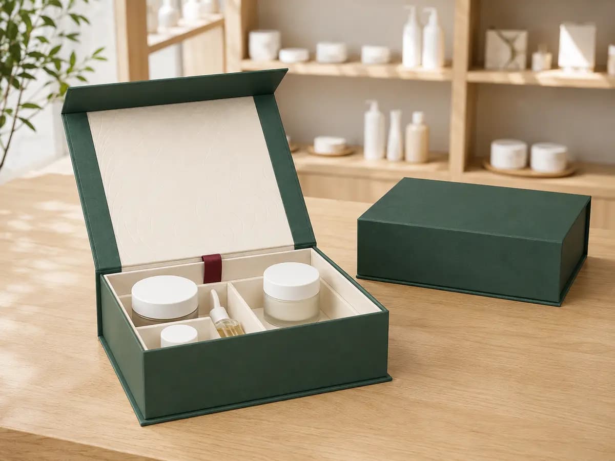Magnetic closure rigid box presenting unbranded skincare jars in a fitted paperboard insert