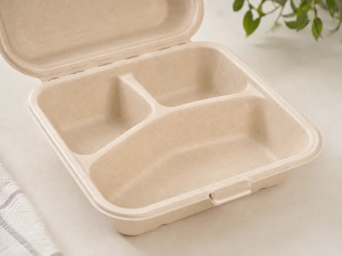 Close-up of molded fiber texture, compartment wall, hinge and locking tab