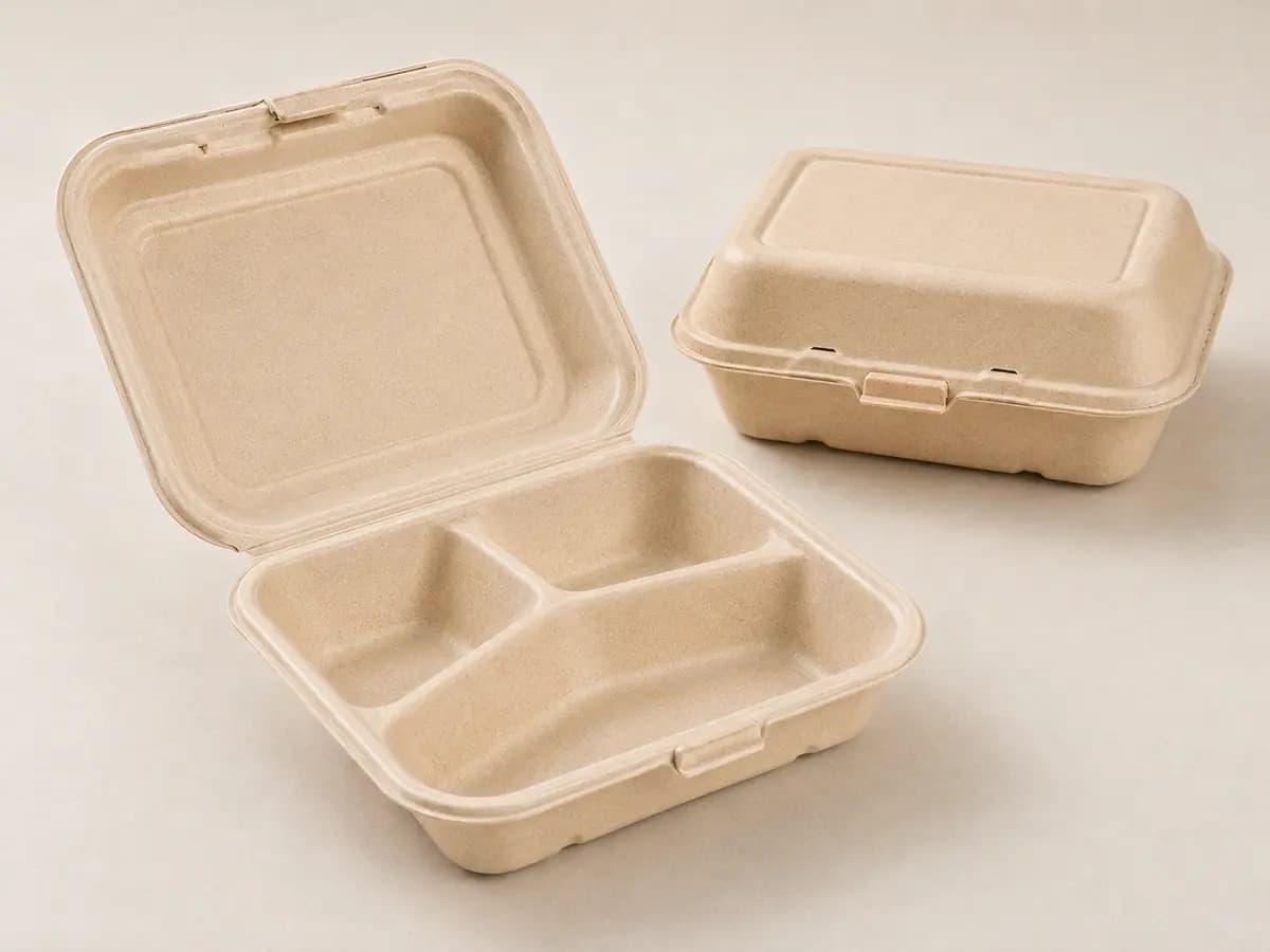 Open three-compartment food box showing reinforced rim, hinge and front closure
