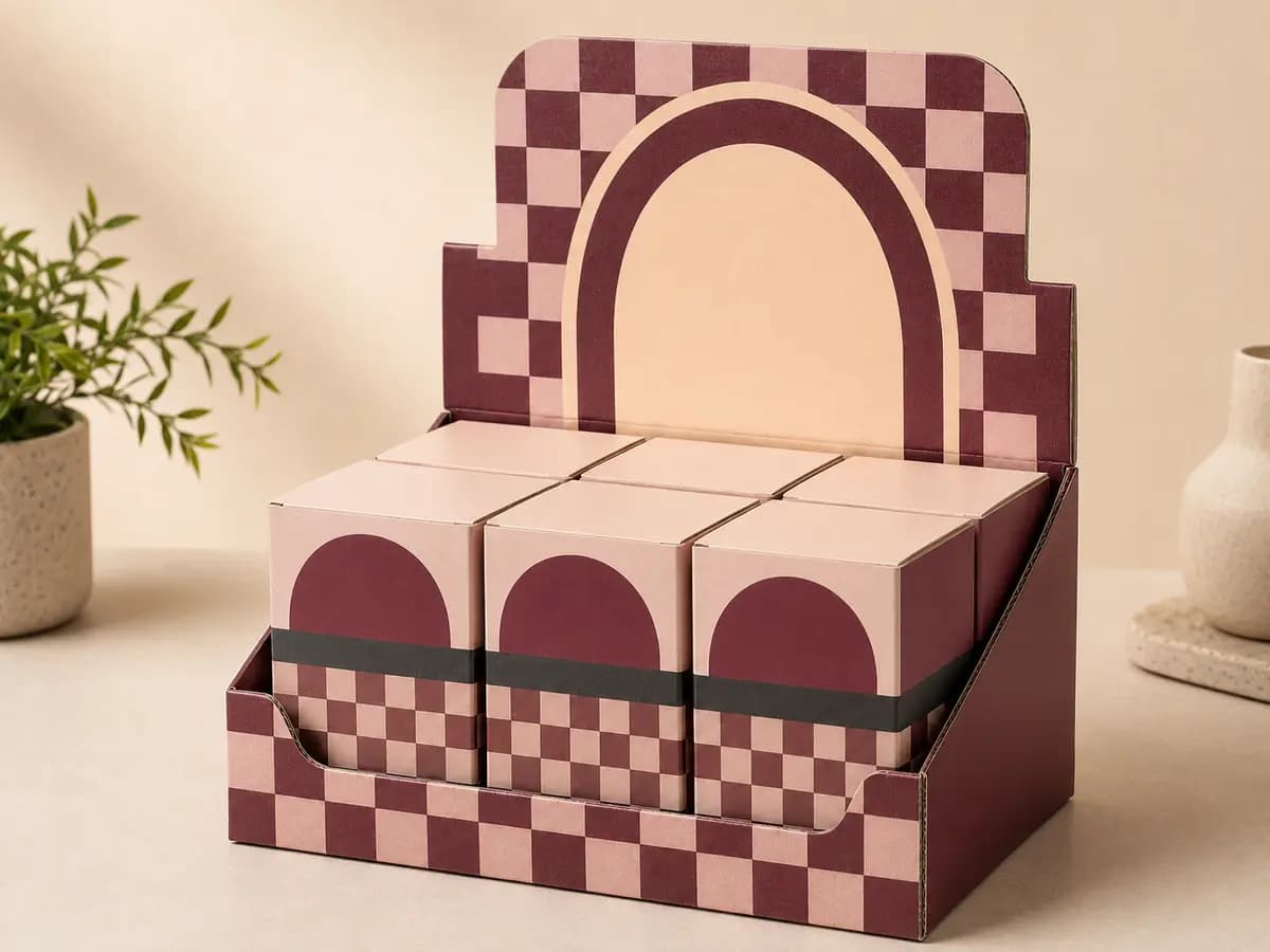 Burgundy retail counter display box with checker pattern and curved header