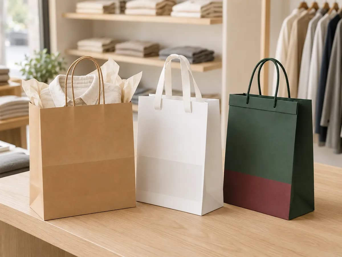 Unbranded paper shopping bags used in a modern apparel boutique