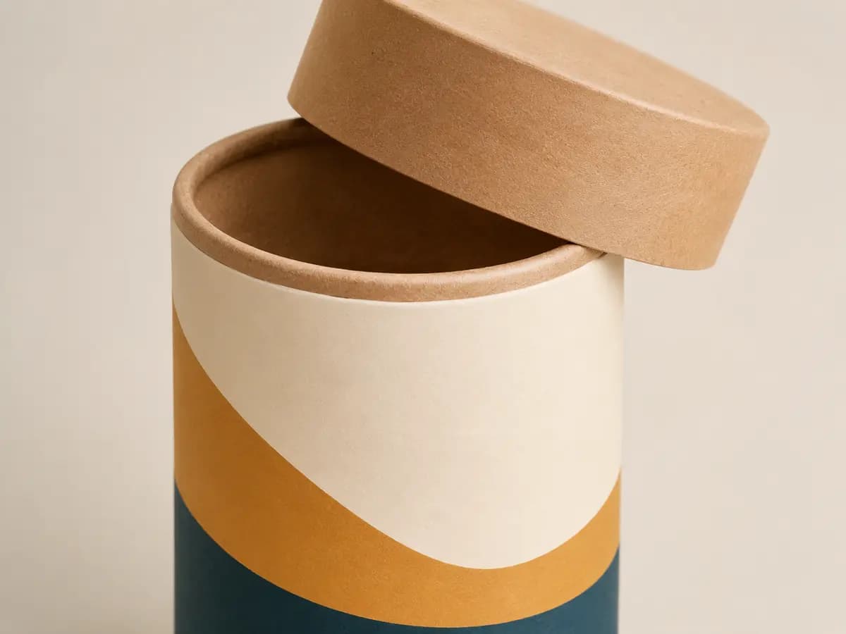 Close-up of a spiral-wound paper tube with fitted kraft lid