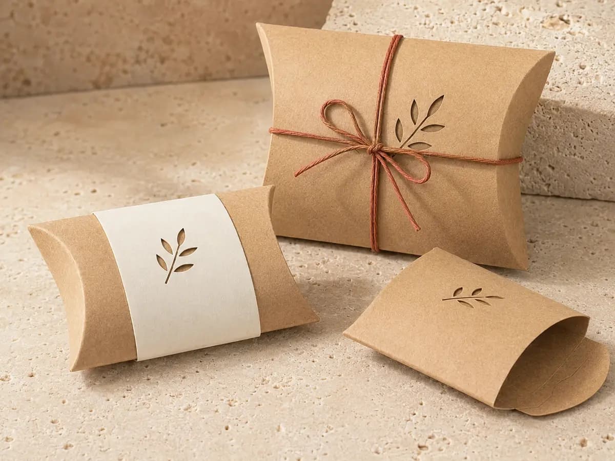Kraft pillow boxes with curved folds, paper band and natural cord closure