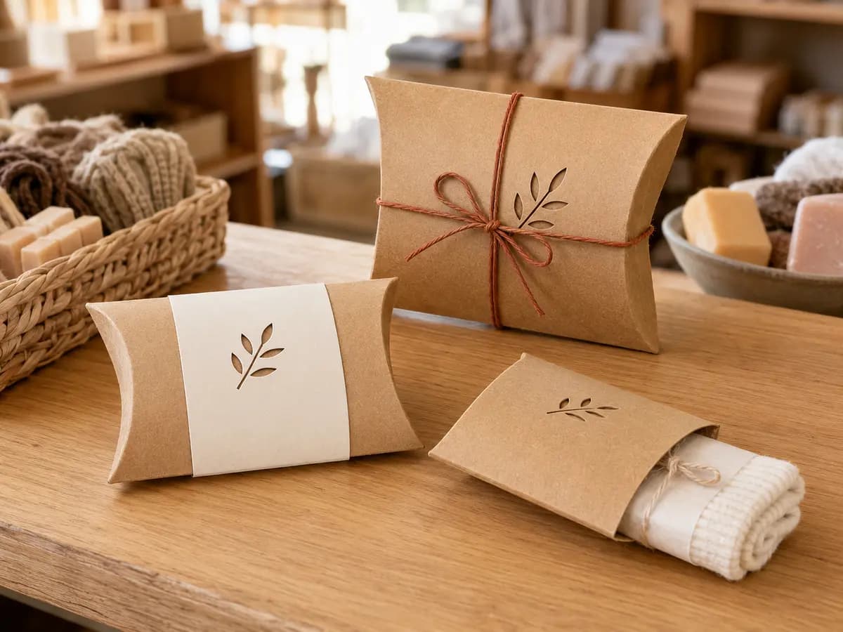 Recyclable kraft pillow boxes used for small textile gifts and accessories