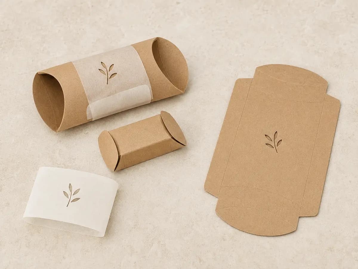 Kraft pillow box dieline with recycled tissue wrap and paper band