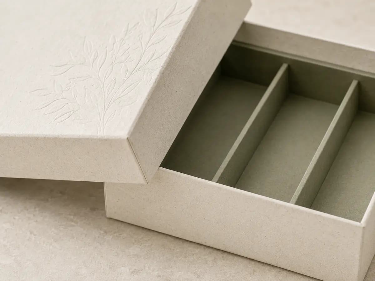 Ivory recycled-paper lid and base gift box with subtle embossed botanical texture