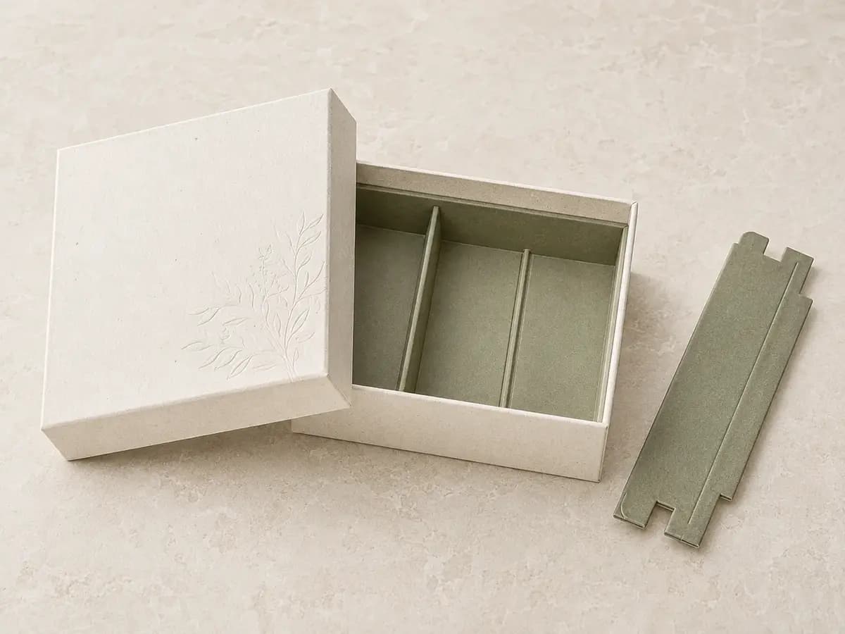Recycled rigid lid and base box with removable sage paperboard divider