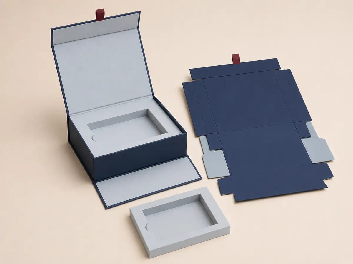 Foldable rigid gift box with removable pale blue paperboard insert