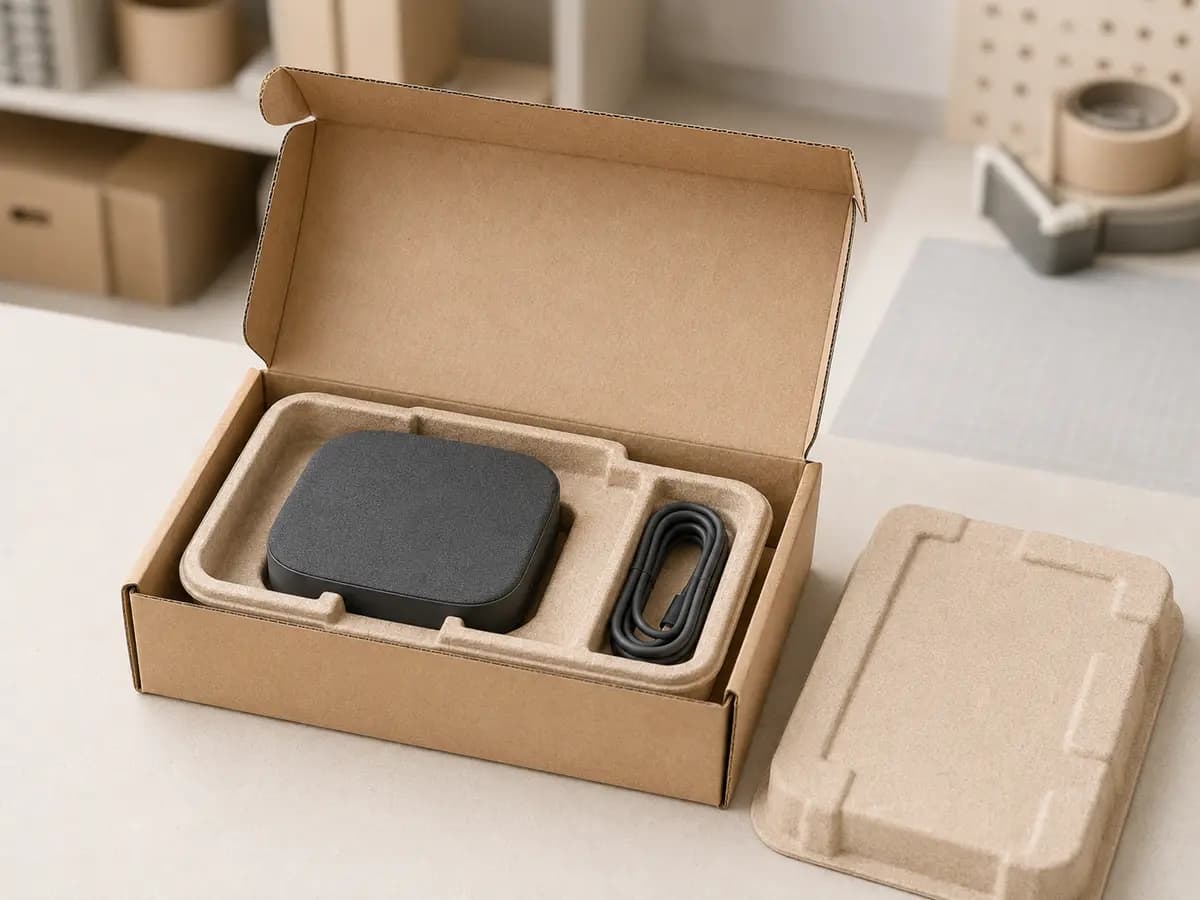 Moulded pulp insert protecting an unbranded smart home device in a kraft carton