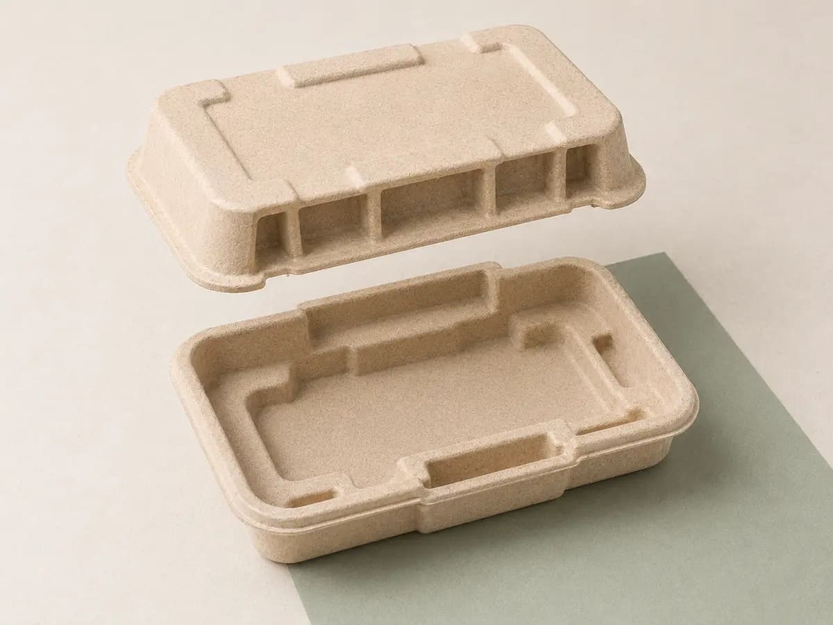 Top cover and bottom molded pulp tray showing protective support geometry