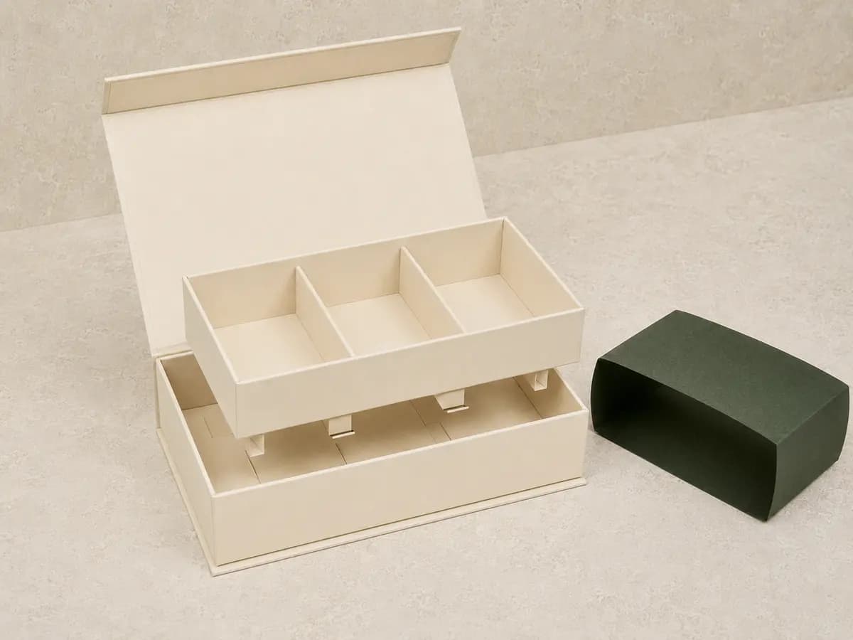 Lifted all-paper insert showing tabs and support platform inside a gift box